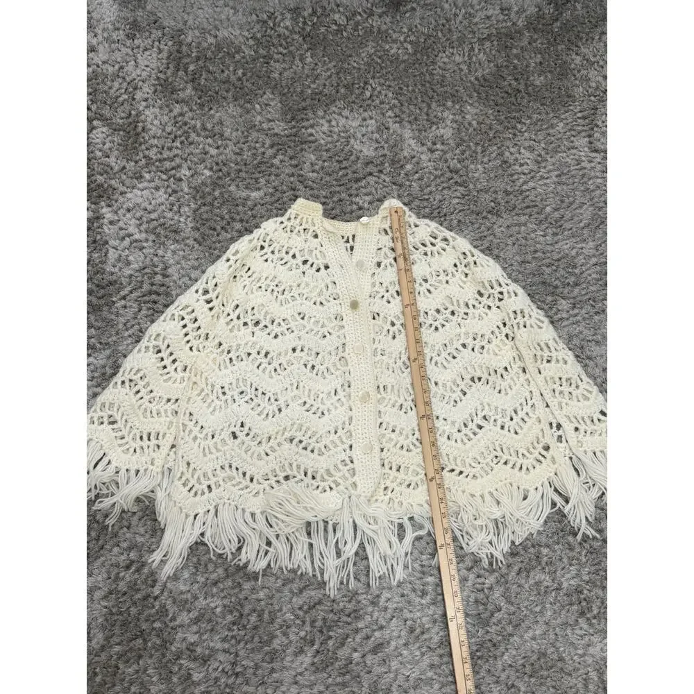 Handmade Crocheted Shawl Sweater Wrap Cape Coverup Ivory Cream Fringe Boho OS